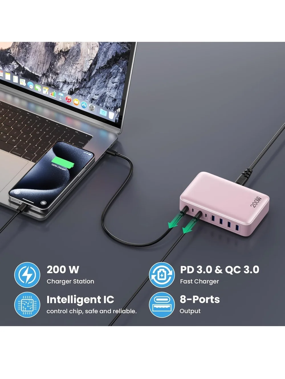 Multi-Device 8-Port USB Charging Station - Pink
